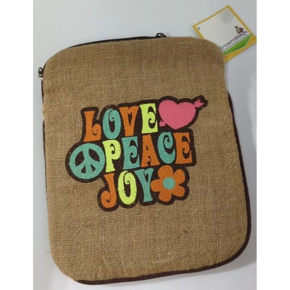 Anokhi India Jute  padded Tablet Sleeve Love Peace Joy Hippie Eco Friendly